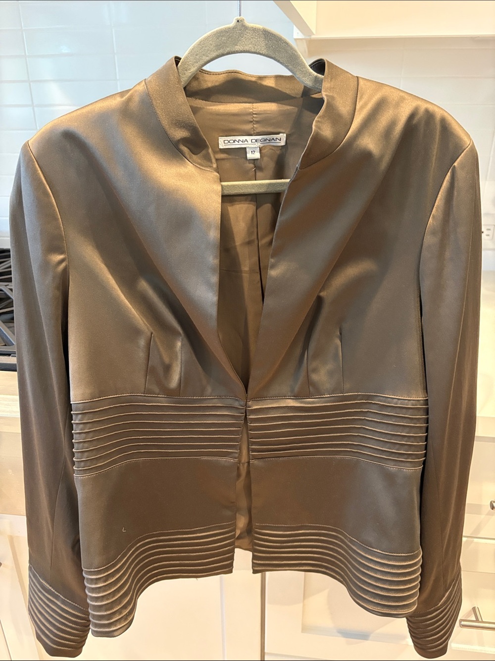 Donna DeVona Brown Satin-Effect Open Front Blazer